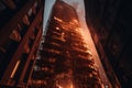 Towering inferno, city building fire burning