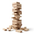 A Towering Jenga Game Stack of Wooden Blocks with Some Blocks Dislodged on a White Background Royalty Free Stock Photo