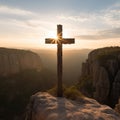 Towering Metal Cross on Sheer Cliff Face at Sunset AI Generated