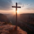 Towering Metal Cross on Sheer Cliff Face at Sunset AI Generated