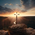 Towering Metal Cross on Sheer Cliff Face at Sunset AI Generated