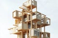 towering modular structure showcasing innovative building design with stacked components. unique architecture emphasizes