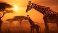 A towering mother giraffe affectionately cleaning her baby