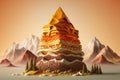 towering mountain made entirely out of stacked fast-food burgers, with ketchup and mustard cascading down the sides illustration