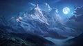 A towering mountain range with the moon shining over its snowcapped peaks creating a breathtaking sight. . Royalty Free Stock Photo