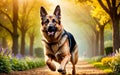 A towering and powerful German Shepherd is running in the garden!