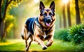 A towering and powerful German Shepherd is running in the garden!