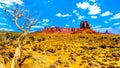 Towering red sandstone formation of Sentinel Mesa and West Mitten Butte and a dead tree in the Monument Valley Navajo Tribal Park Royalty Free Stock Photo