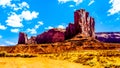 The towering red sandstone formations of Camel Butte in the Navajo Nation`s Monument Valley Navajo Tribal Park