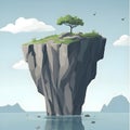 A stylized depiction features a solitary tree on a grassy, rocky pinnacle surrounded by calm water. Royalty Free Stock Photo