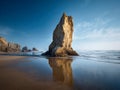 Towering sea stack reflecting on wet sandy beach under bright blue sky with distant rocky formations along serene coastline at low Royalty Free Stock Photo