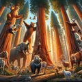 Among towering sequoias animals celebrate the ancient trees and Royalty Free Stock Photo