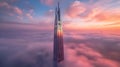 A towering skyscraper emerges above a sea of clouds during a colorful sunset Royalty Free Stock Photo