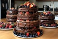 towering stack of chocolate sponge cakes, drizzled with chocolate ganache and topped with fresh berries