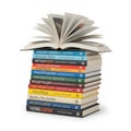 A towering stack of colorful books with one book opened on top Royalty Free Stock Photo
