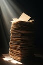 Towering Stack of Documents Illuminated by Dramatic Sunlight in a Dark Room Royalty Free Stock Photo