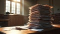 Towering stack of legal documents on wood table in court. Light streams through large window onto paperwork. Justice system files Royalty Free Stock Photo