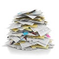 A towering stack of papers and documents in various colors and sizes isolated on white background Royalty Free Stock Photo