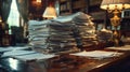 A towering stack of papers dominates the rustic wooden desk, creating an impressive display of work and information