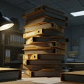 Tall Stack of Yellow Document Binders in a Dimly Lit Office with Desk Lamp files folders Royalty Free Stock Photo