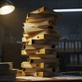 Tall stack of yellow ring binders filled with documents in a dimly lit office files Royalty Free Stock Photo