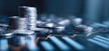 The towering stacks of coins against modern financial charts and graphs. AI generated image Royalty Free Stock Photo