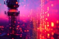 Telecommunication tower illuminating the night sky with vibrant digital signals Royalty Free Stock Photo