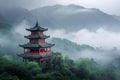 A towering structure stands tall atop a vibrant green hill, dominating the picturesque landscape, A Chinese pagoda in a misty