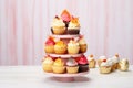 a towering 3-tier cupcake stand filled with festively decorated cupcakes