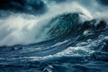 A towering wave crashes forcefully in the midst of the vast ocean, displaying the powerful and dynamic nature of the water, A