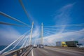 Towers of Bridge connecting George Town on Penang island and Seberang Prai on mainland of Malaysia through straits of Malacca