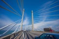 Towers of Bridge connecting George Town on Penang island and Seberang Prai on mainland of Malaysia through straits of Malacca