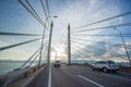 Towers of Bridge connecting George Town on Penang island and Seberang Prai on mainland of Malaysia through straits of Malacca Royalty Free Stock Photo