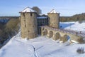 Towers and bridge of the old Koporskaya fortress (drone photography) Royalty Free Stock Photo