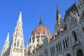 Towers and roof of old building of Hungarian Parliament in Budapest