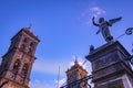 Towers Facade Angels Outside Sunset Puebla Cathedral Mexico Royalty Free Stock Photo