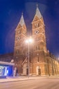 Towers of Franciscan Church of St Mary Mother of Mercy at night