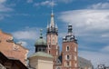 Towers of an Gothic church St. Mary's Basilica on the Old Centre of Krakow, Rynek Glowny. Poland old architecture Royalty Free Stock Photo