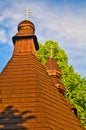 The towers of Greek Catholic wooden Church of the relics of St. Nicholas the Bishop in Ruska Bystra Royalty Free Stock Photo