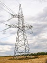 Towers of high-voltage energy transfer against a cloudy sky