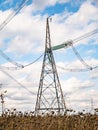 Towers of high-voltage energy transfer against a cloudy sky