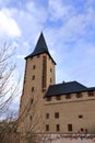 Towers of the medieval castle in Rochlitz/Saxony/Germany/Europe with blue sky and white clouds