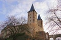 Towers of the medieval castle in Rochlitz/Saxony/Germany/Europe with blue sky and white clouds