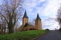 Towers of the medieval castle in Rochlitz/Saxony/Germany/Europe with blue sky and white clouds