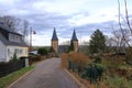 Towers of the medieval castle in Rochlitz/Saxony/Germany/Europe with blue sky and white clouds