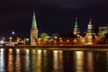 Towers of Moscow Kremlin with glowing reflection of night illumination on water surface of Moskva river Royalty Free Stock Photo