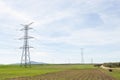 Towers and power lines in an agricultural landscape. Horizontal Royalty Free Stock Photo