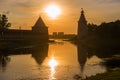 Towers of the Pskov Kremlin, July sunset. Russia Royalty Free Stock Photo