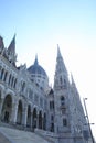 Towers and roof of old building of Hungarian Parliament in Budapest