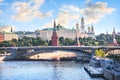 Towers and temples of the Kremlin in Moscow and the Moskva river Royalty Free Stock Photo
